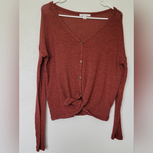 AMERICAN EAGLE long sleeve button-down burnt orange knit top. Size small - Picture 1 of 6